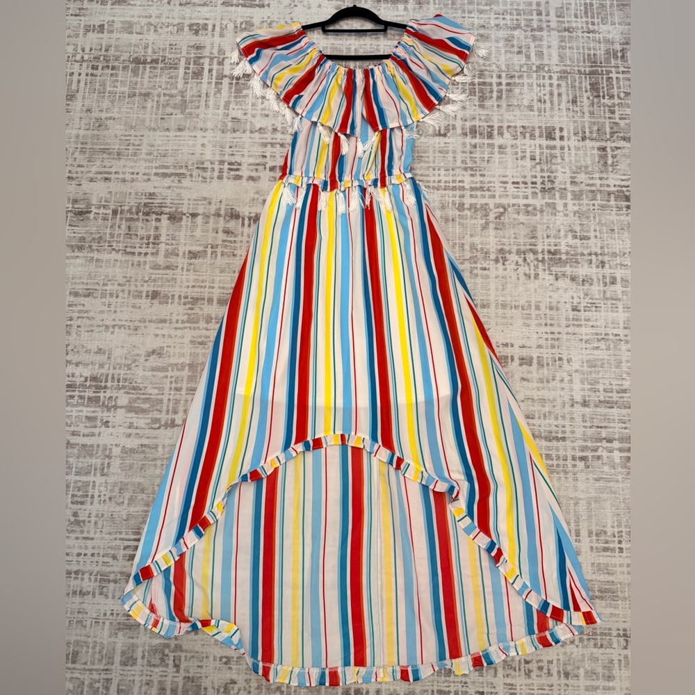 XOXO Off Shoulder Multicolor Striped High Low Maxi Dress Tassle Trim Boho Size M - Picture 8 of 11
